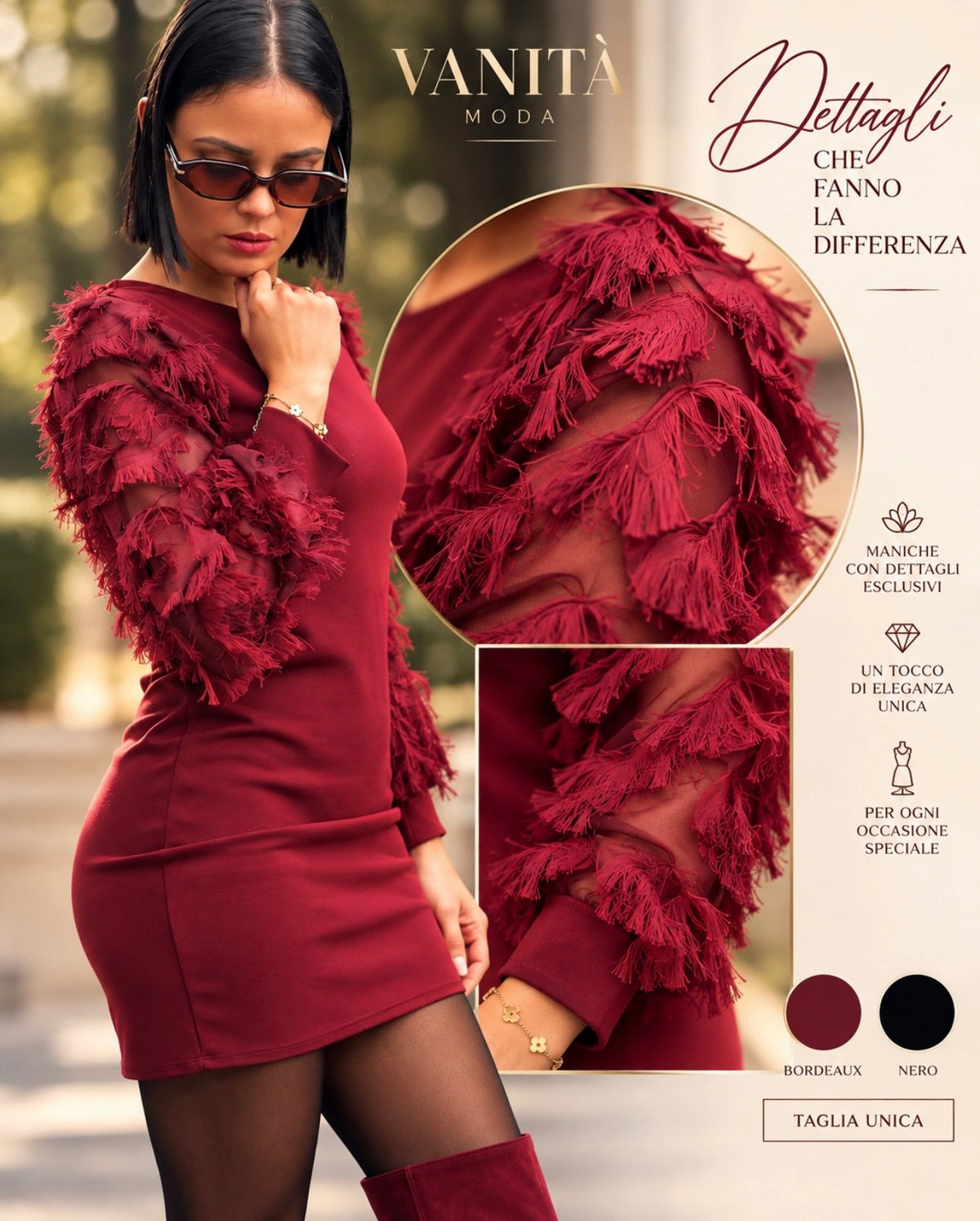 Abito Diva con Maniche in Frange 3D – Bordeaux / Nero