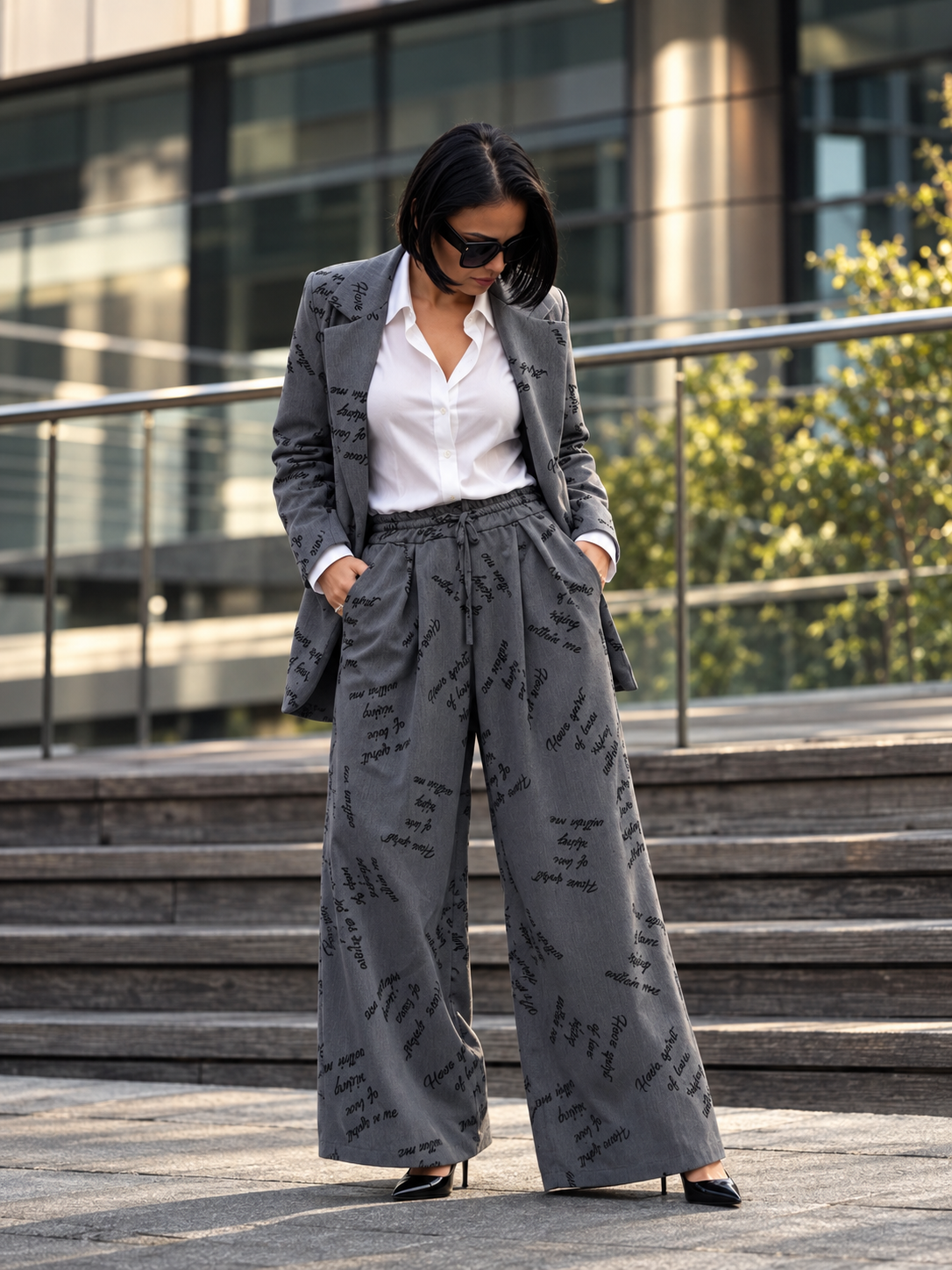 Completo Donna Urban Chic Grigio – Blazer e Pantalone Wide Leg